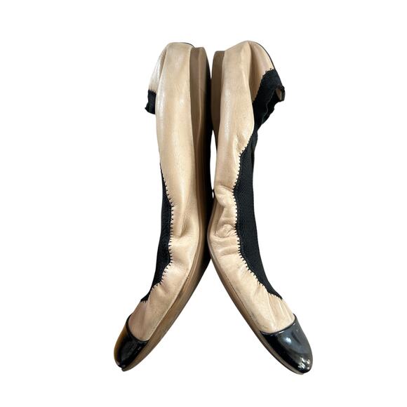 J.Crew Nude Leather Black Trim Cap Toe Slip On Elastic Flats - Picture 4 of 8